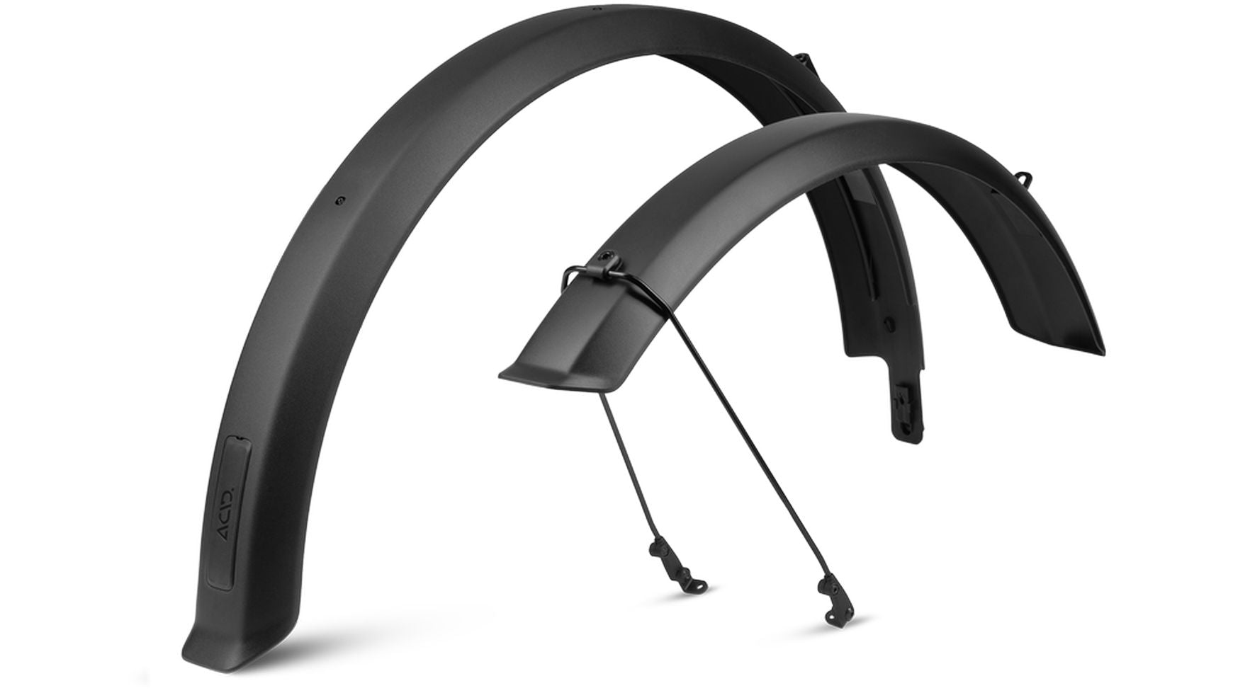 Das ACID SIC 2.0 64 28" BB Mount Schutzblechset von ACID besteht aus zwei mattschwarzen Schutzblechen mit Metallstreben, die für 28" CUBE Gravelbikes konzipiert sind, und verfügt über eine integrierte Lichtkabelführung für nahtlosen Laufradschutz.