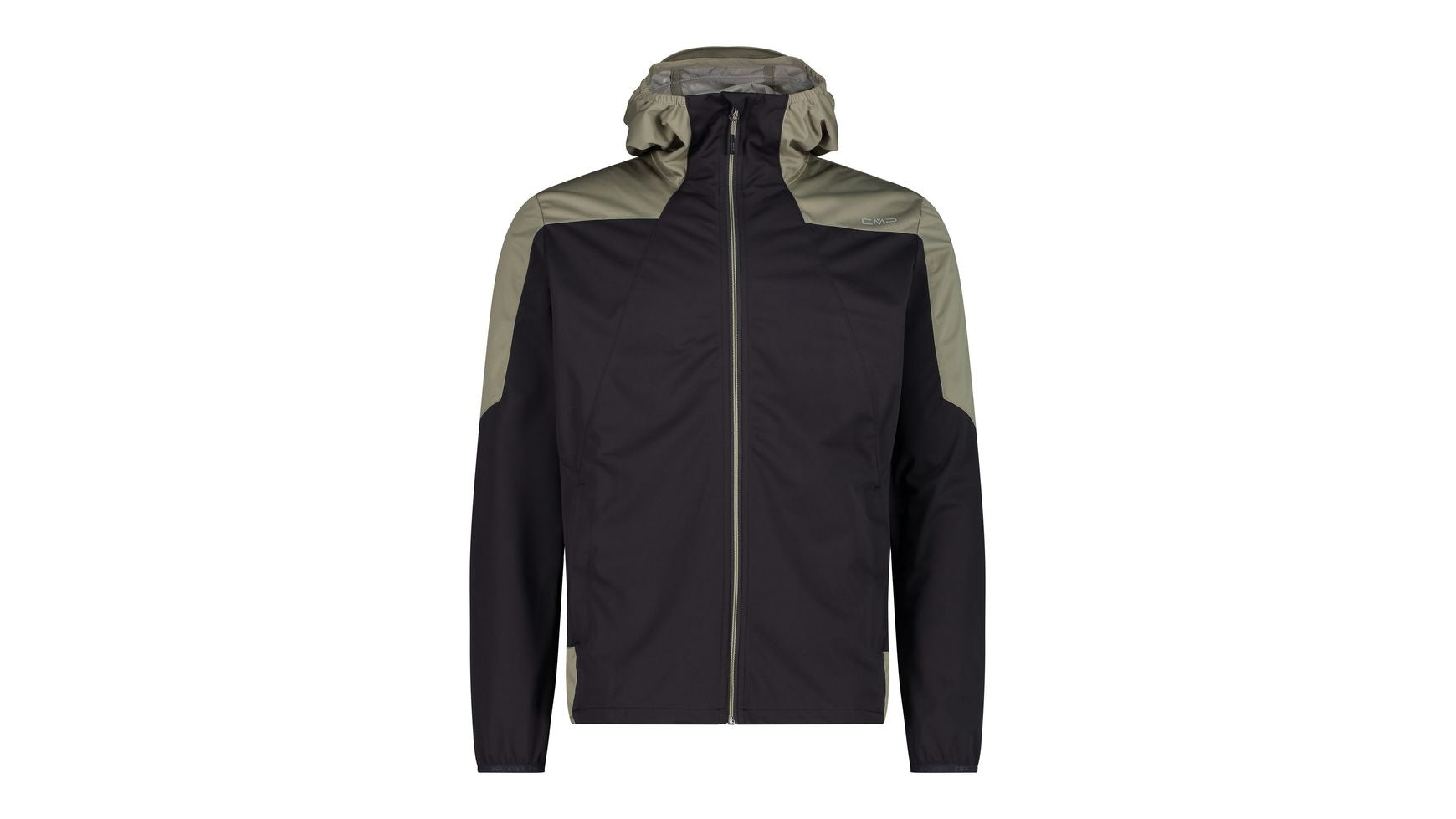 CMP MAN JACKET FIX HOOD Jacke, schwarz mit hellgrauen Akzenten (Frontalansicht), Kapuze, durchgehender Reißverschluss.
