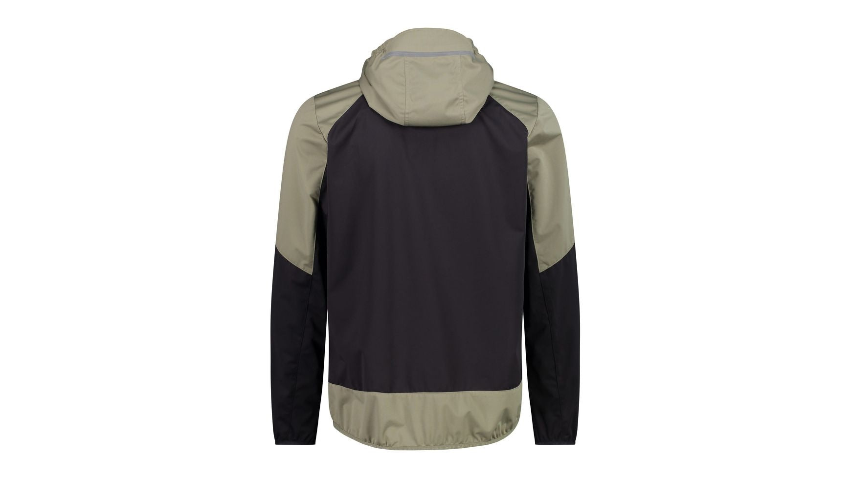CMP MAN JACKET FIX HOOD Jacke, schwarz und olivgrün (Rückansicht), mit Kapuze und reflektierendem Streifen.