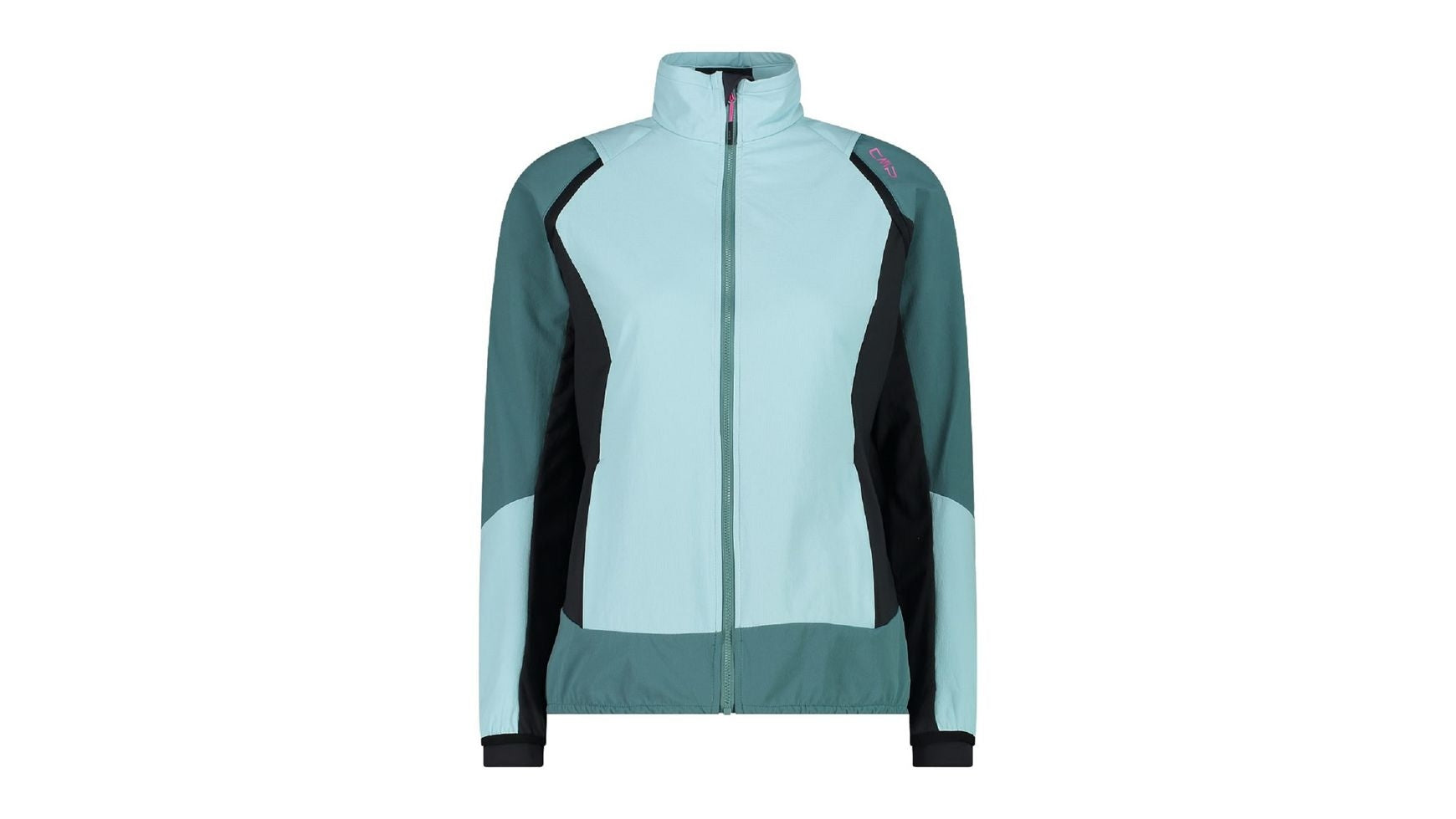CMP WOMAN Jacket Hybrid, Hybridjacke, hellblau und dunkelgrün, (Frontalansicht), mit schwarzen Einsätzen und pinkem Reißverschluss.
