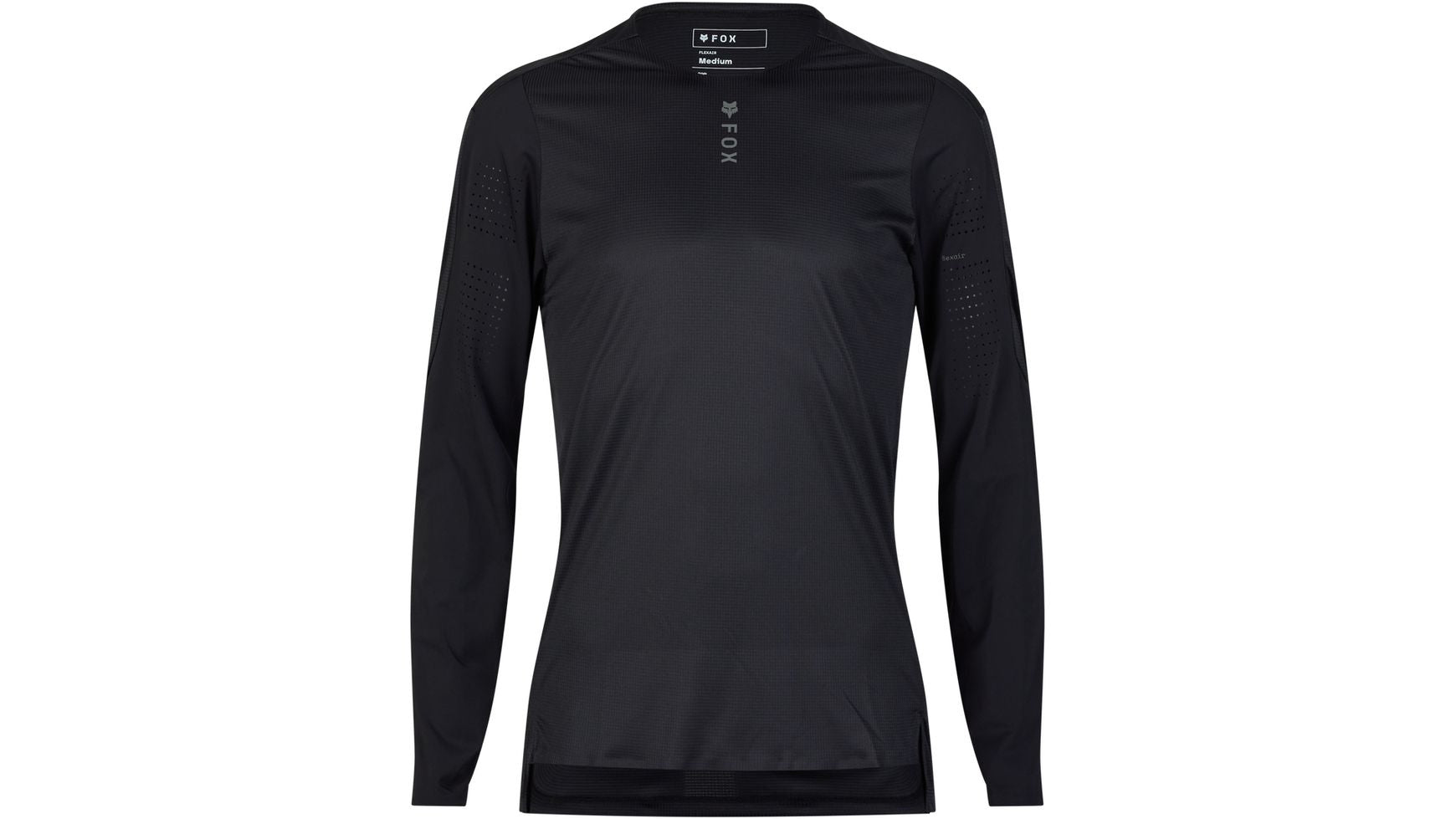 Das Fox FLEXAIR Pro LS Jersey von FOX ist ein schlichtes, schwarzes, langärmeliges Mountainbike-Shirt mit dezentem FOX-Logo und -Text auf der Brust und dem Kragen, dargestellt auf weißem Hintergrund.