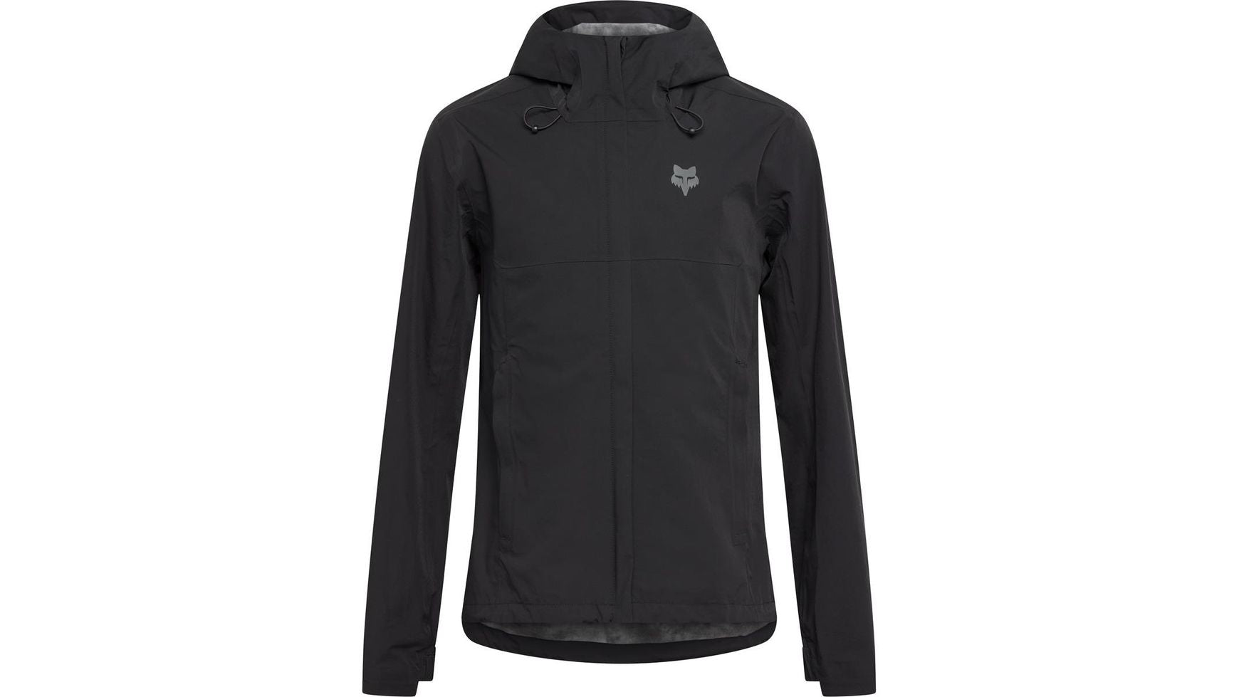 Die FOX Ranger Water Jacket ist eine schwarze Kapuzenjacke mit langen Ärmeln, einem Reißverschluss vorne und einem kleinen Fuchskopf-Logo auf der Brust. Sie wurde speziell für Fahrradbegeisterte entwickelt und verfügt über verstellbare Kordelzüge an der Kapuze sowie einen leicht geschwungenen Saum. Das wasserabweisende Material sorgt dafür, dass Sie unterwegs trocken bleiben.