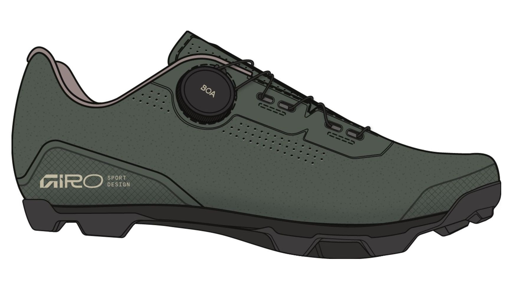 Die GIRO Cadet XC MTB Schuhe Herren in Olivgrün haben eine schwarze, griffige, strukturierte Sohle, einen BOA-Zahlenverschluss, GIRO SPORT DESIGN Text an der Seite, ein niedriges Profil und sind mit dem SPD-Pedalsystem kompatibel.