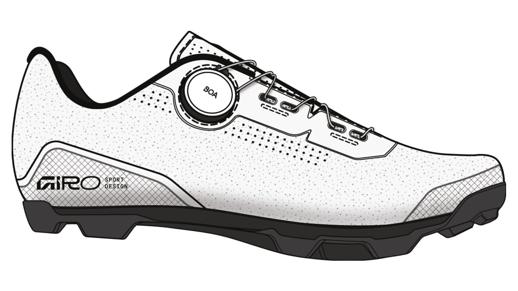 Eine schwarz-weiße Abbildung der GIRO Cadet XC MTB Schuhe Herren zeigt ein BOA-Zifferblatt, perforiertes Obermaterial, eine robuste Profilsohle und "GIRO" an der Ferse - ideale Mountainbike-Schuhe, die mit SPD-Pedalsystemen kompatibel sind.