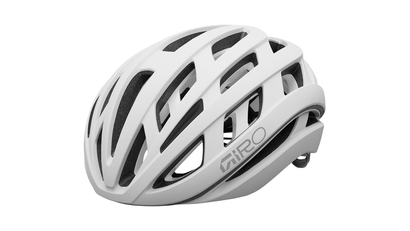 Ein weißer Giro Helios Spherical-Fahrradhelm von GIRO mit mehreren schwarzen Belüftungsöffnungen und innovativer Spherical-Technologie für fortschrittlichen MIPS-Kopf- und Hirnschutz, mit dem Markennamen auf der Seite auf weißem Hintergrund aufgedruckt.