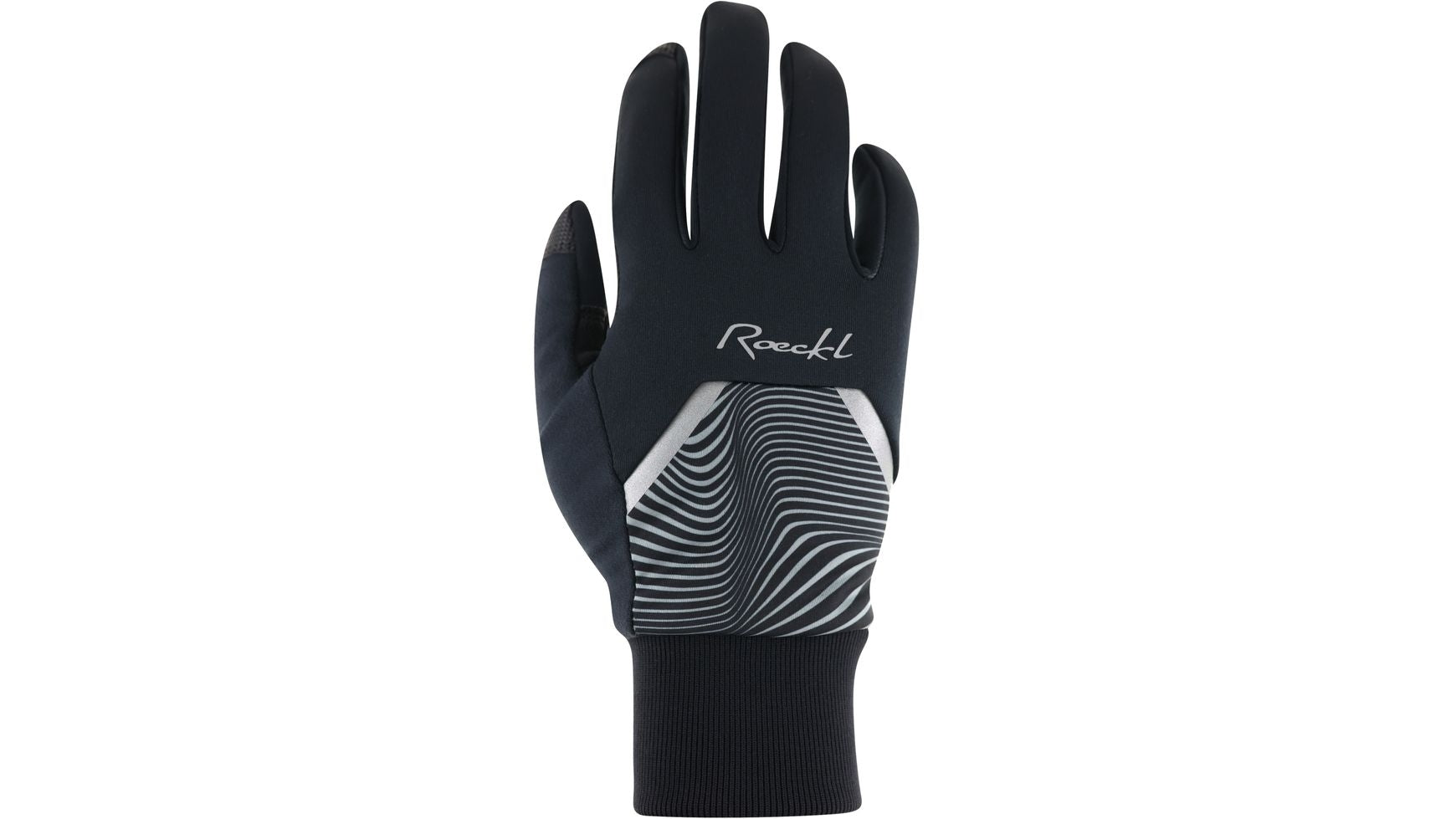 Der Roeckl Wirsberg Winterradhandschuh besticht durch sein schwarzes Design mit weißem Wellenmuster und ROECKL-Branding, Rippenbündchen am Handgelenk und PrimaLoft Gold Isolierung für Wärme. Abgebildet mit der Handfläche nach außen.