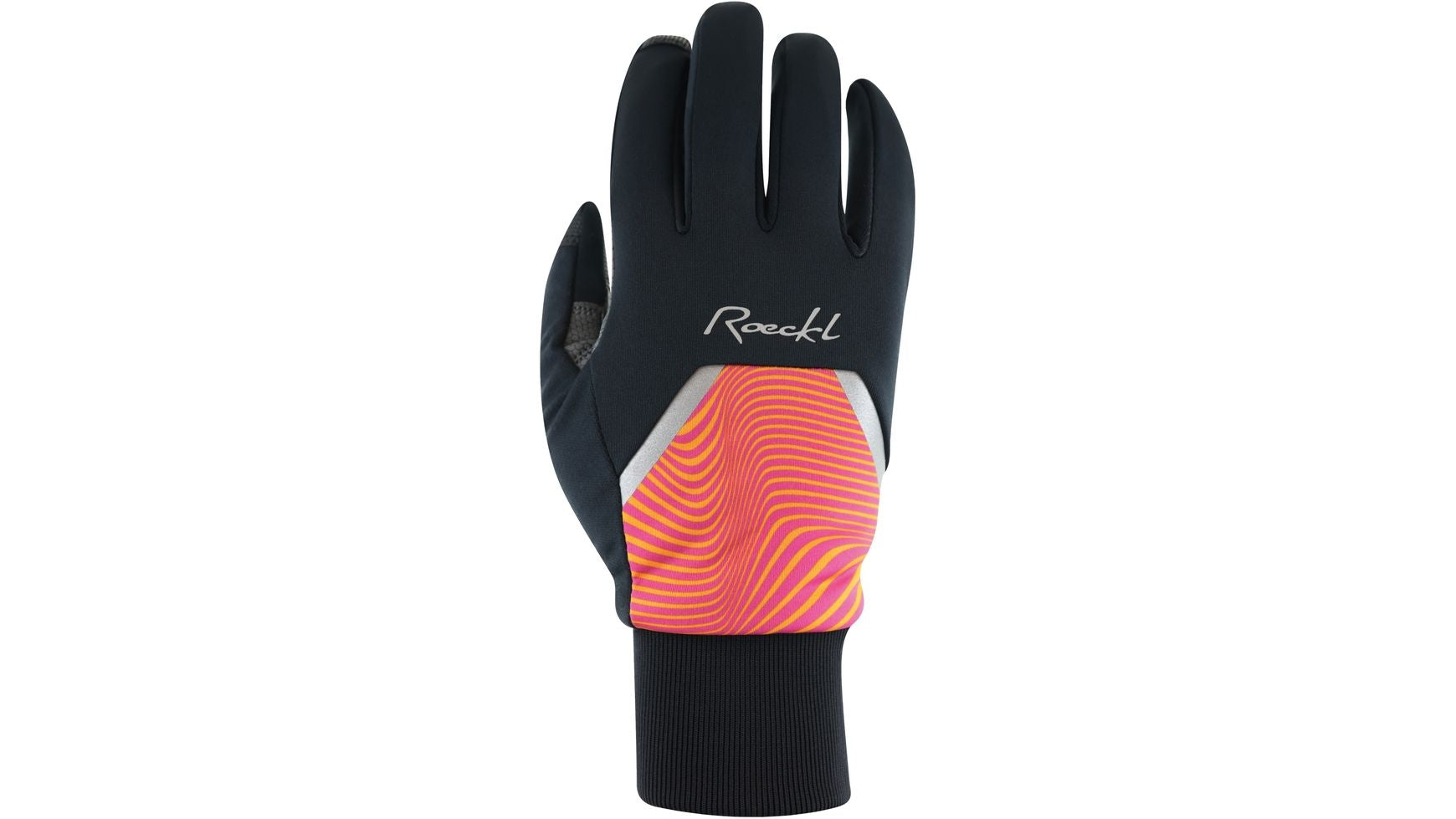 Der ROECKL Wirsberg ist ein schwarzer Winterradhandschuh mit dem Schriftzug "ROECKL" auf dem Rücken. Die gerippte Stulpe und das ROECK-PROOF Softshell sorgen für Komfort, während das Handgelenk mit einem orange-rosa-gelben Wellenmuster versehen ist.