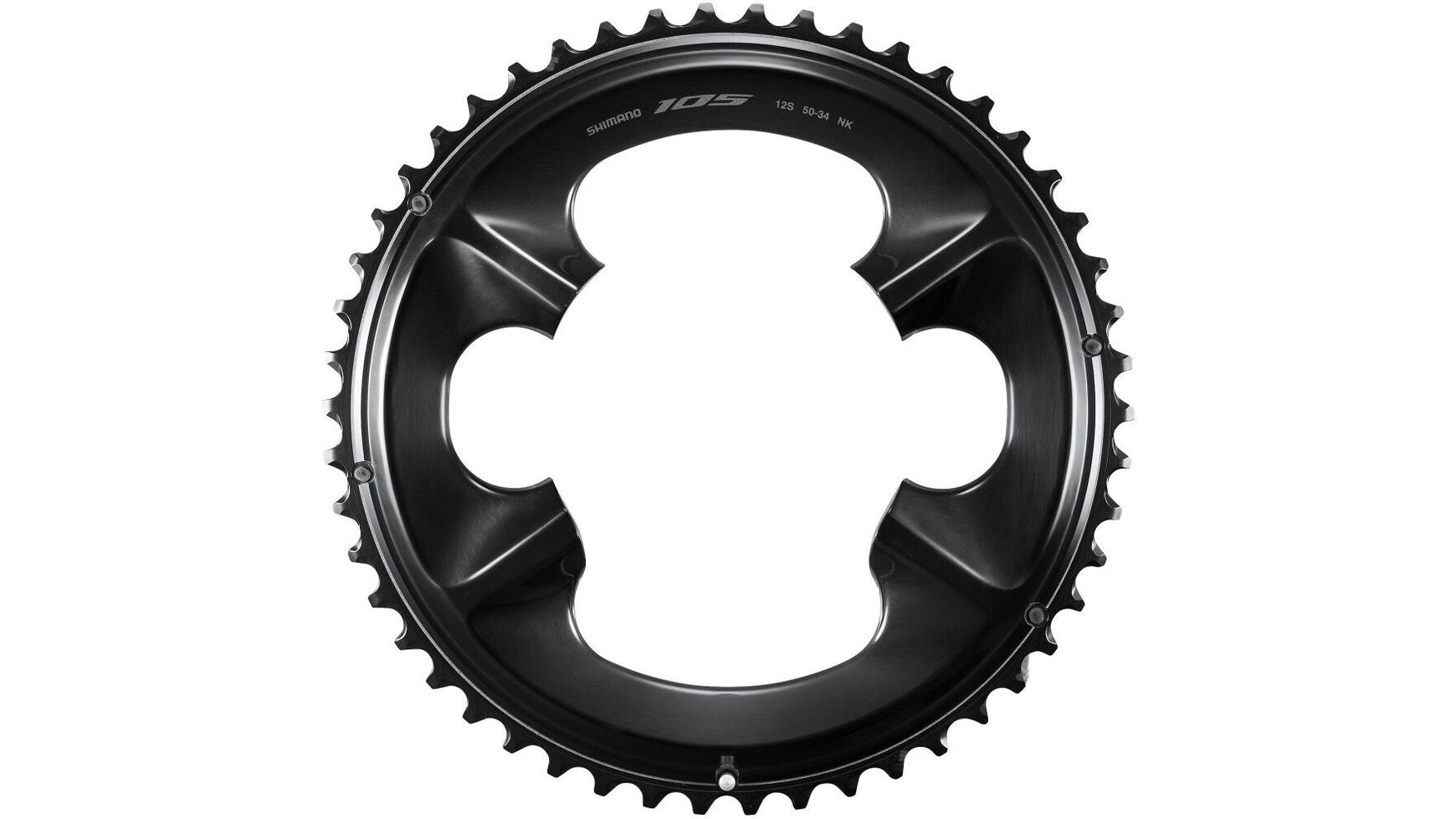 Ein schwarzes SHIMANO 105 FC-R7100 Kettenblatt mit vier Befestigungslöchern und scharfen Zähnen, ausgelegt für eine 12-fach Schaltung, ist von vorne vor weißem Hintergrund abgebildet.