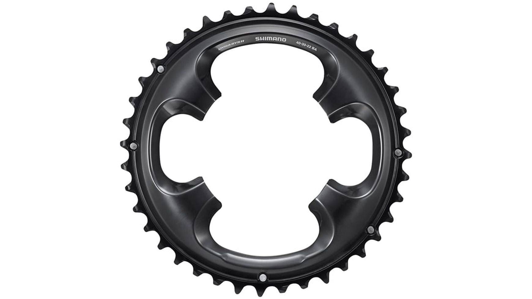 Ein schwarzes SHIMANO DEORE XT FC-M8000 Kettenblatt mit 40 Zähnen, hergestellt für MTB 11-fach Systeme und mit vier Schraubenlöchern, wird auf weißem Hintergrund gezeigt.