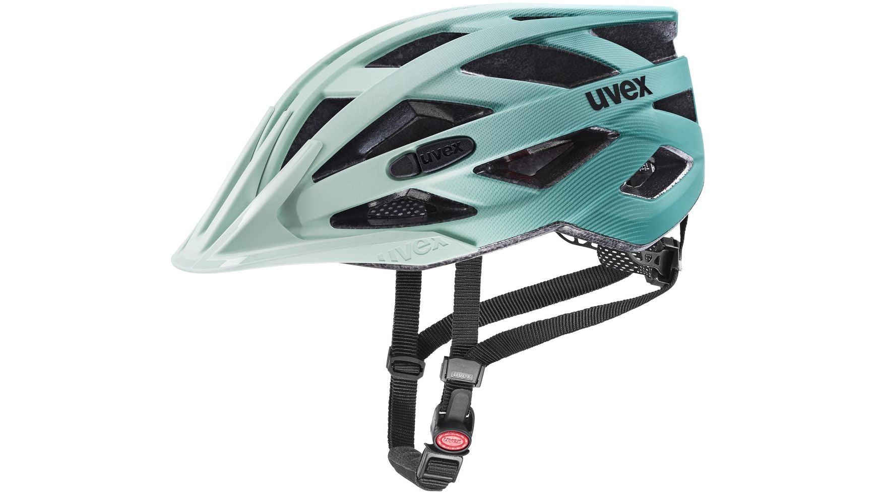 Uvex i-vo CC Fahrradhelm in hellgrün (von vorne links), mit Visier und verstellbaren Gurten.