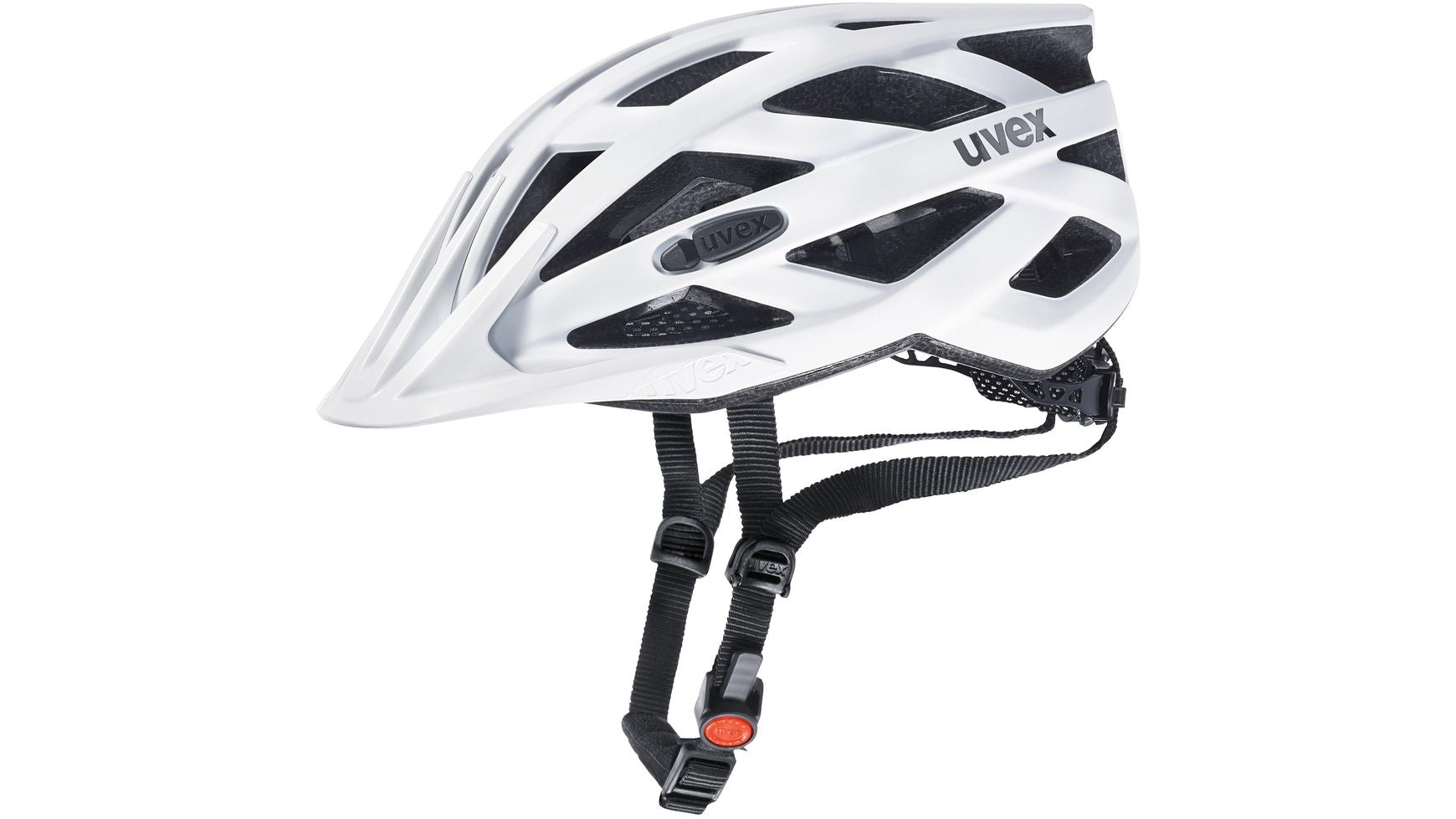 Uvex i-vo CC Fahrradhelm, weiß, (leicht schräg von vorne) mit Belüftungsschlitzen und Verstellsystem.