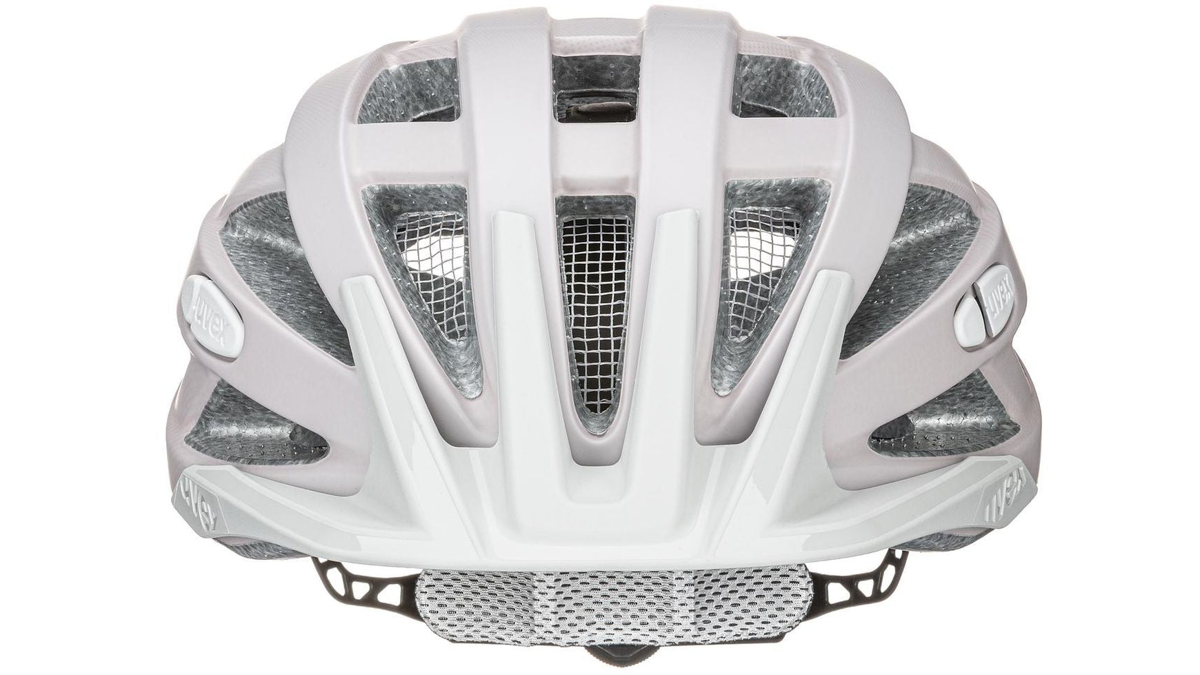 Uvex i-vo CC Fahrradhelm, hellgrau (von hinten), mit Netz und Belüftungsschlitzen.