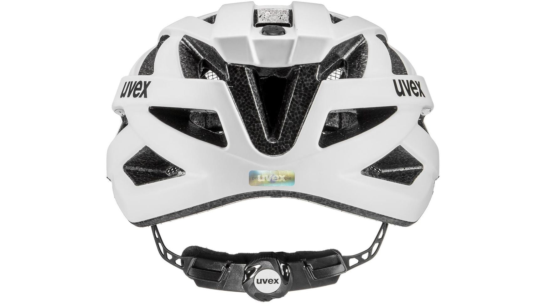Uvex i-vo CC Fahrradhelm, weiß (von hinten), mit Belüftungsöffnungen und Größenverstellsystem.