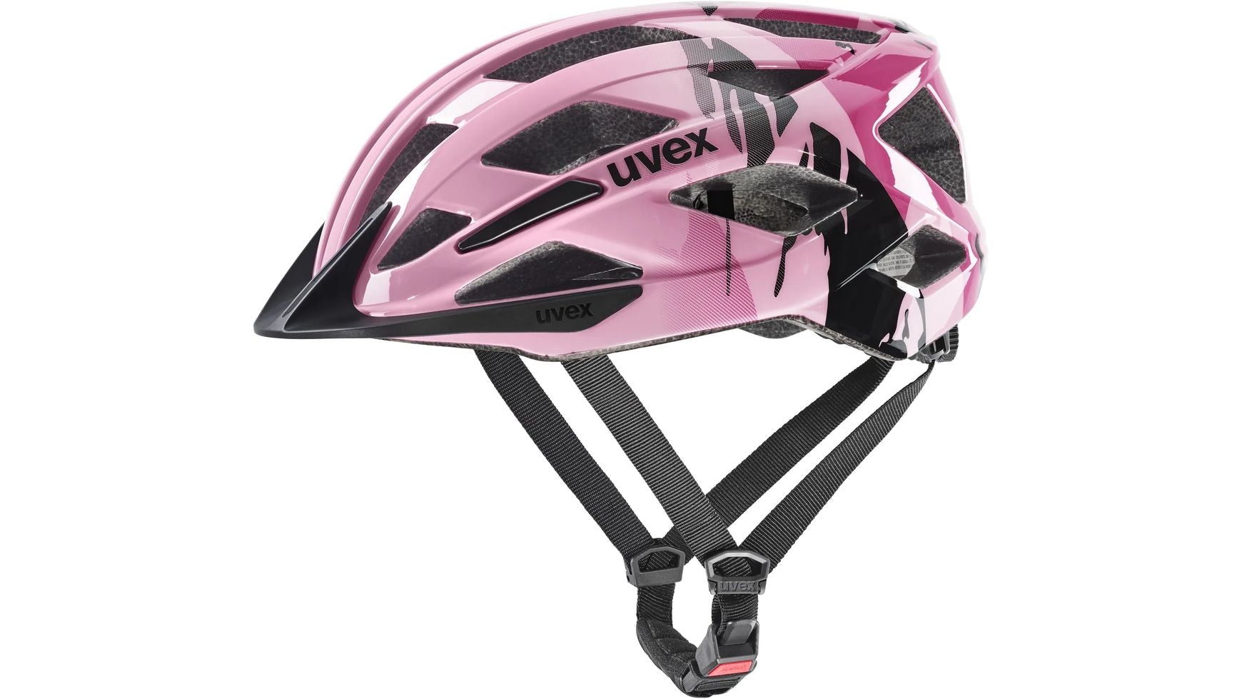 Der UVEX Uvex air wing 2 Jugendhelm in Pink und Schwarz mit mehreren Belüftungsöffnungen und verstellbaren schwarzen Trägern auf weißem Grund ist ideal für junge Radfahrer.