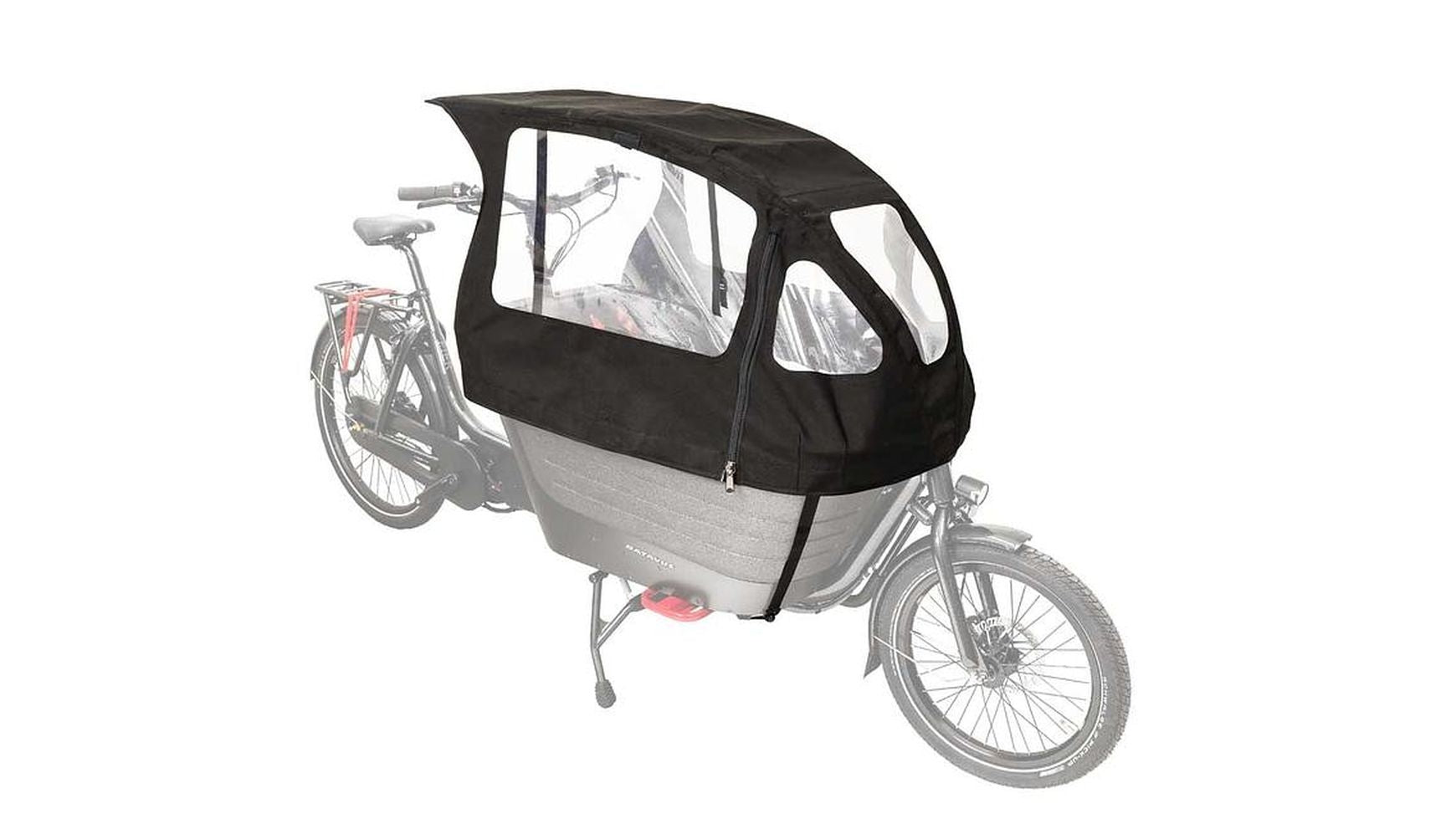 Ein DIVERSE Regenverdeck SC 02 V2.0 mit durchsichtigen Fenstern ist über dem vorderen Laderaum eines Winora F.U.B 2 angebracht und hebt die Schutzabdeckung hervor, während das Lastenfahrrad teilweise verblasst.