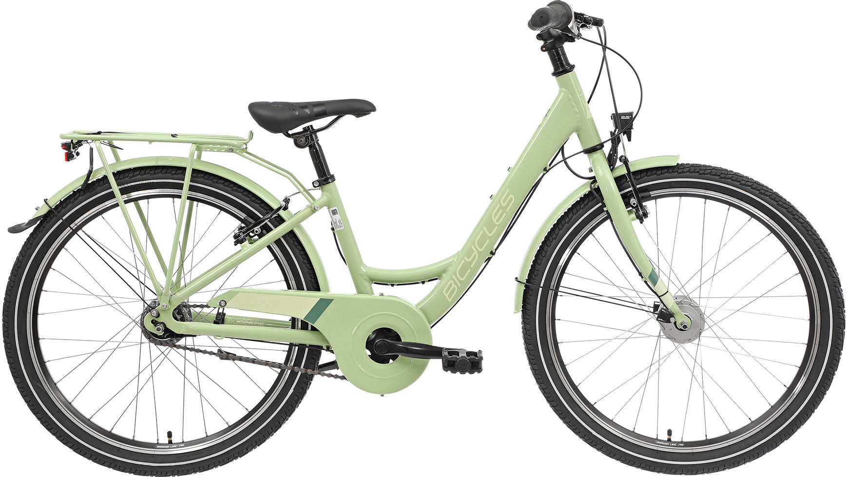 Ein hellgrünes BICYCLES Emily 24.7 Wave Citybike mit Aluminiumrahmen, Shimano Nexus 7-Gang, schwarzem Sattel, Gepäckträger, Schutzblechen und aufrechtem Lenker wird von der Seite vor einem weißen Hintergrund gezeigt.