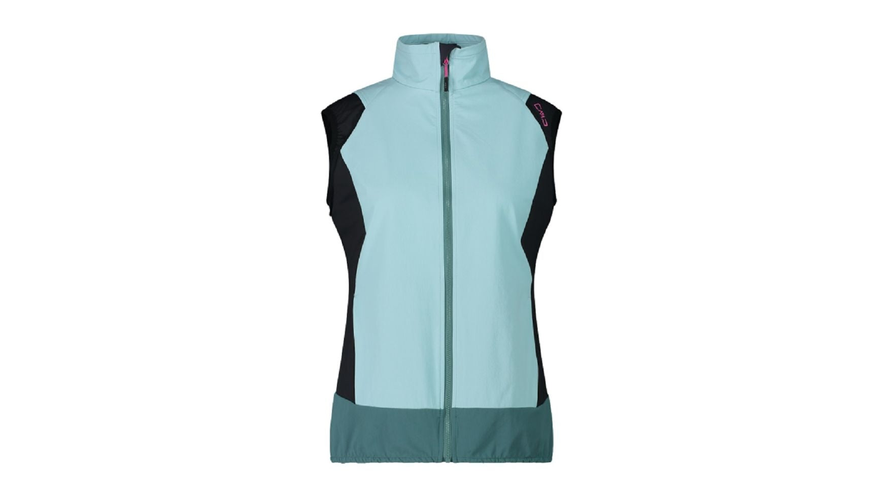 CMP WOMAN Jacket Hybrid, Weste, hellblau, (Vorderansicht), mit schwarzen Einsätzen und Reißverschluss.
