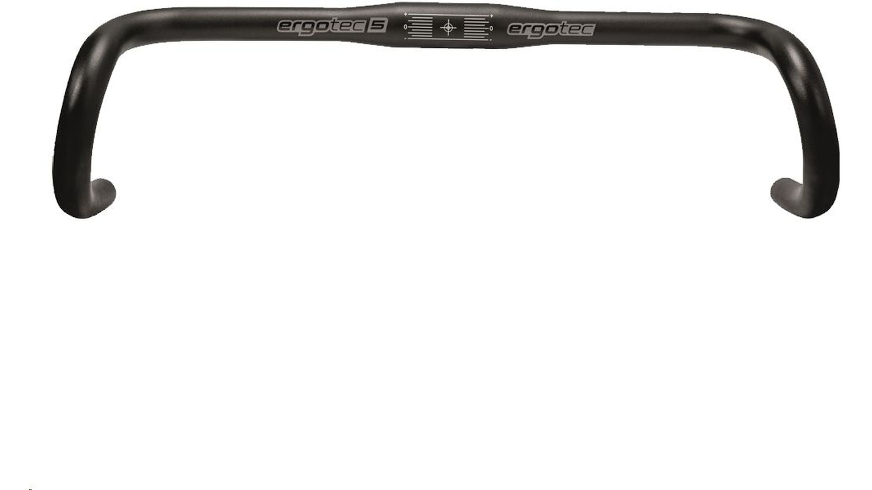 Der ERGOTEC Bügel Randonneur 490 mm ist ein schwarzer Aluminium-Tropfenlenker mit weißem ERGOTEC-Branding in der Mitte, perfekt für Langstreckenfahrten, abgebildet auf weißem Hintergrund.