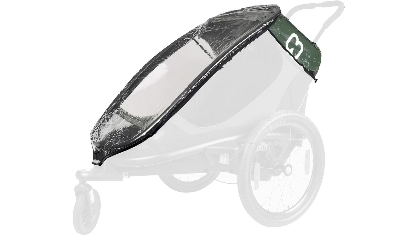Ein HAMAX Regencover Outback Next ONE ist über dem dreirädrigen Kinderwagen angebracht und schützt den Innenraum mit einem grünen Teil mit der weißen Nummer 3 vor den Elementen.