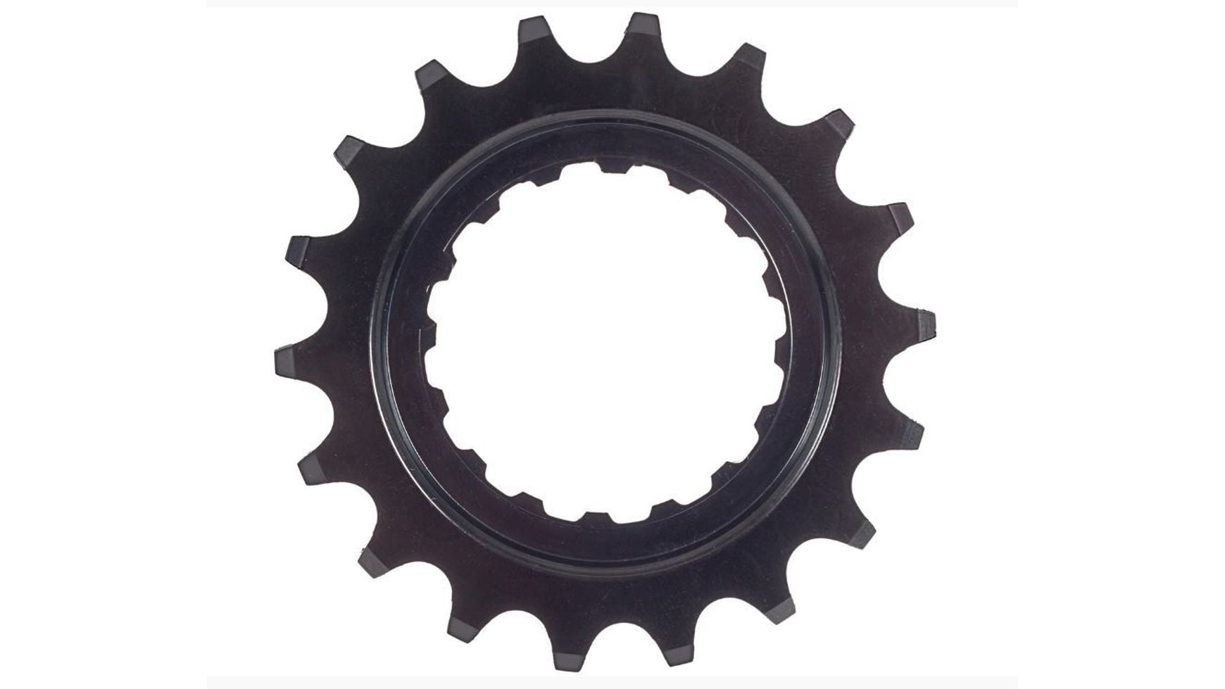 Das HEBIE Motorritzel 18 Z. gekröpft ist ein schwarzes Metall-Fahrradritzel mit gleichmäßig angeordneten Zähnen und einem gekerbten kreisförmigen Mittelloch, kompatibel mit Bosch Gen II Antrieben, abgebildet auf weißem Hintergrund.