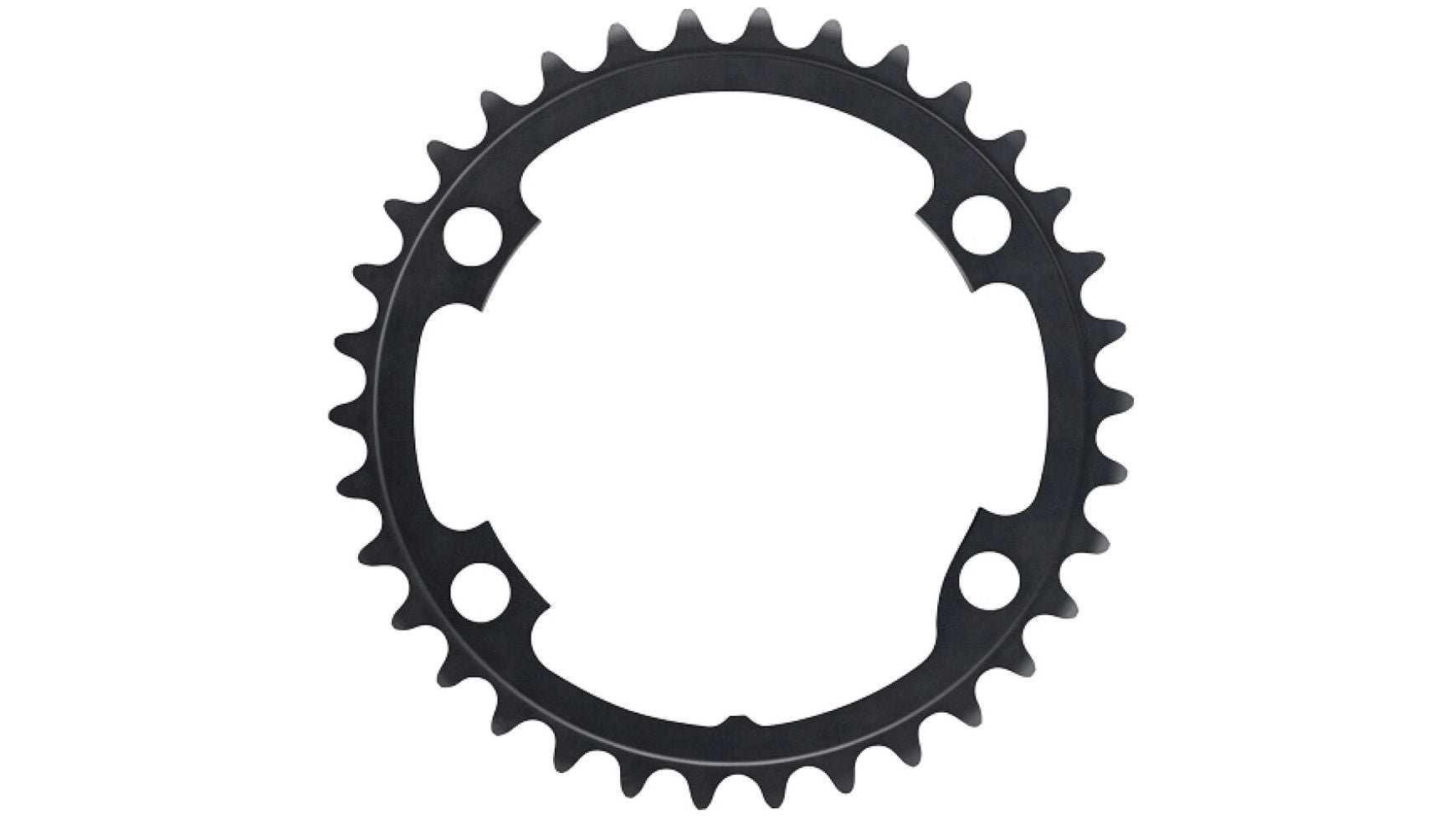 Ein schwarzes Shimano FC-R8000 Kettenblatt von SHIMANO mit 32 gleichmäßig angeordneten Zähnen und vier Befestigungslöchern, dargestellt auf weißem Hintergrund - kompatibel mit Shimano Kettenblättern für verbesserte Schaltperformance.