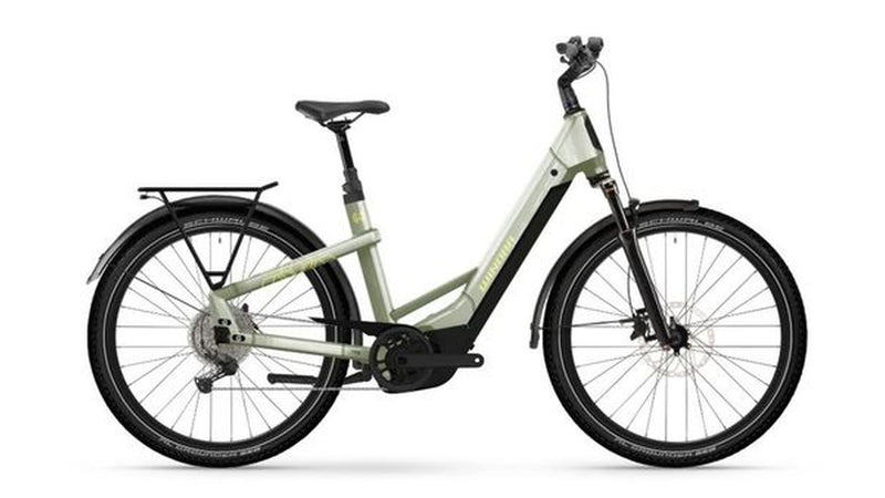 Das WINORA Yakun X10 - Low ist ein hellgrünes E-Trekkingrad mit tiefem Einstieg, Gepäckträger, Federgabel, Scheibenbremsen und breiten Reifen für eine komfortable Fahrradfahrt, dargestellt im Profil auf weißem Hintergrund.